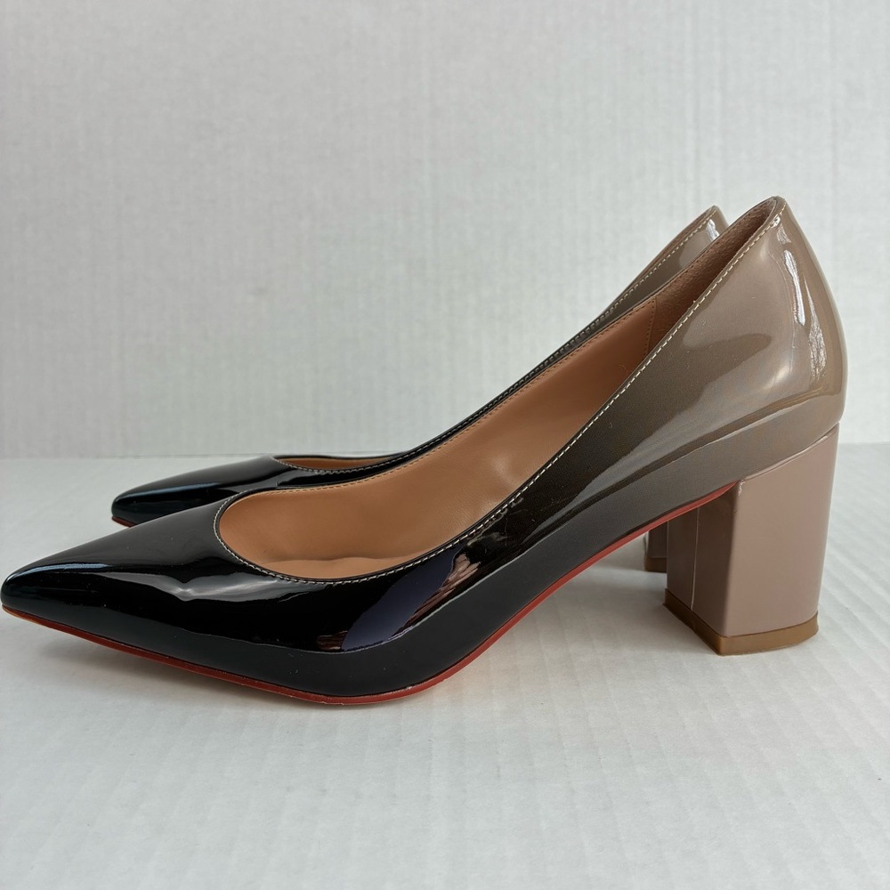 JOY IN LOVE Faux Patent Block Heel Pumps Black Nude Ombré Two Tone - Picture 5 of 10